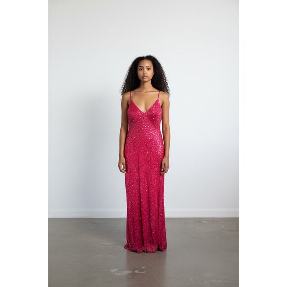 Hot Pink Sequin Formal Gown Size 12 Lace Up Back Maxi Dress Prom Evening Wedding - Picture 2 of 16